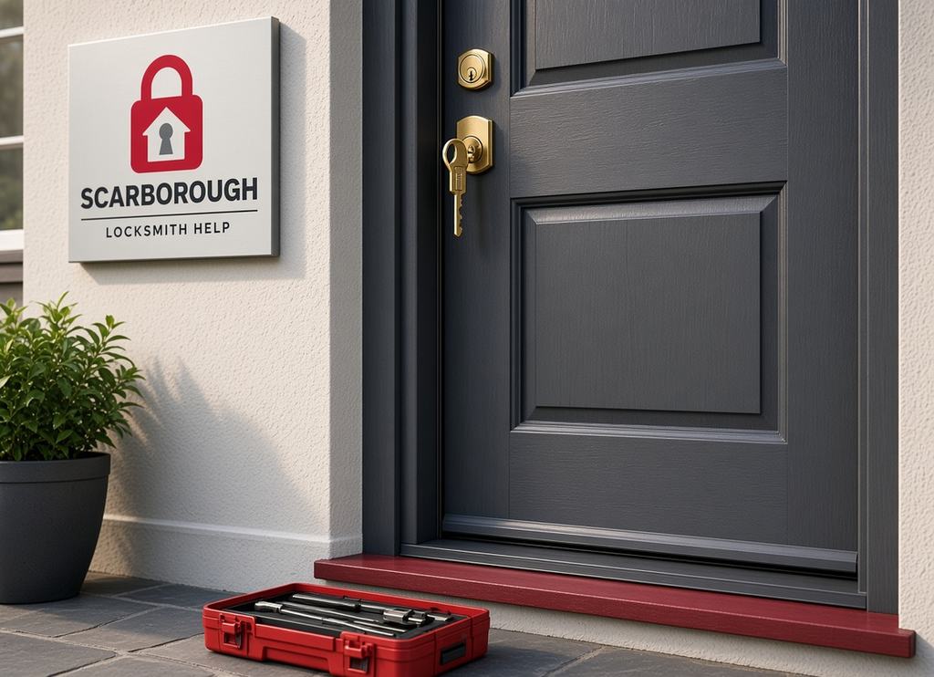 Dark front door with a brass deadbolt and a red tool case on the porch